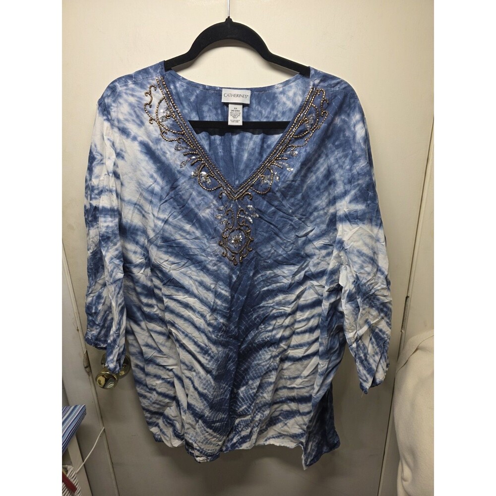 Catherines Sz 3X Blue White Cotton Tie-Dye Shibori Art-to-Wear Tunic Top Lux